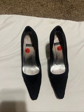 Stuart Weitzman black fabric heels. Ribbon and subtle bead detail at toe